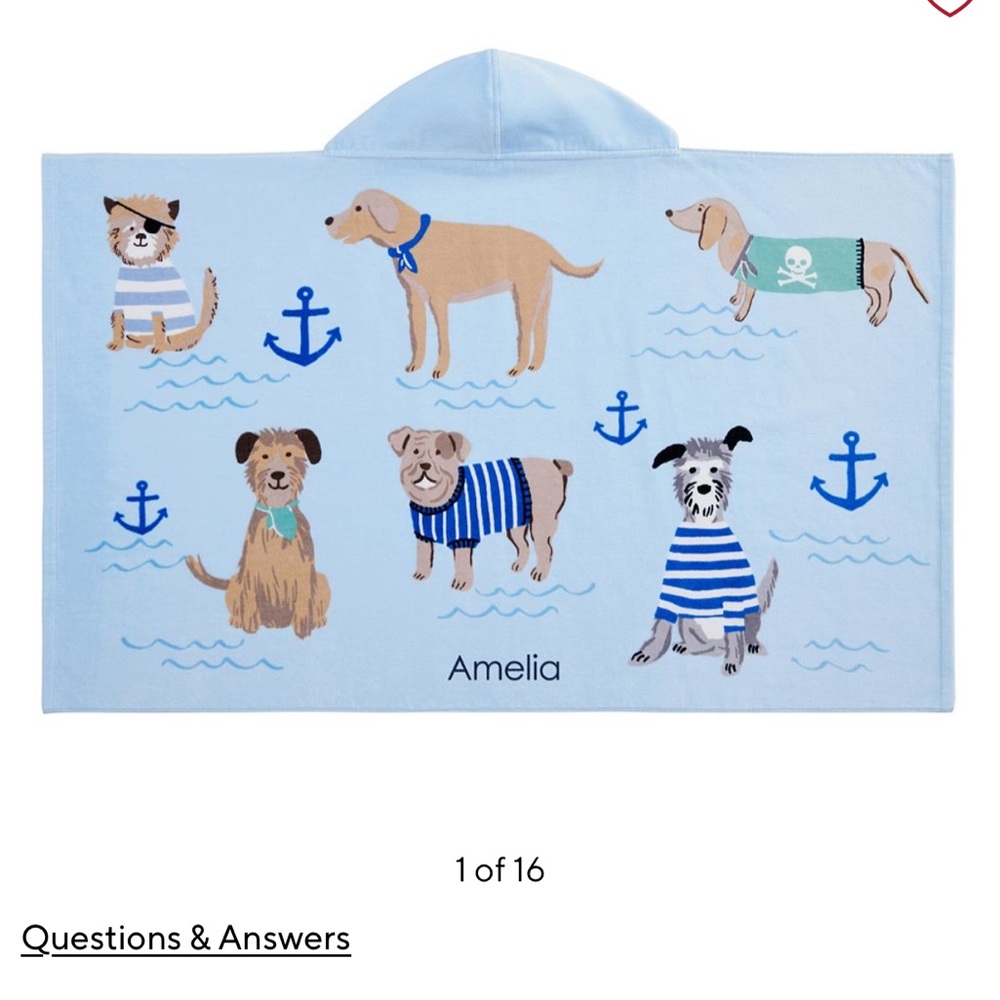 Pottery Barn Kids Blue Hooded Towel with Dogs and Anchors